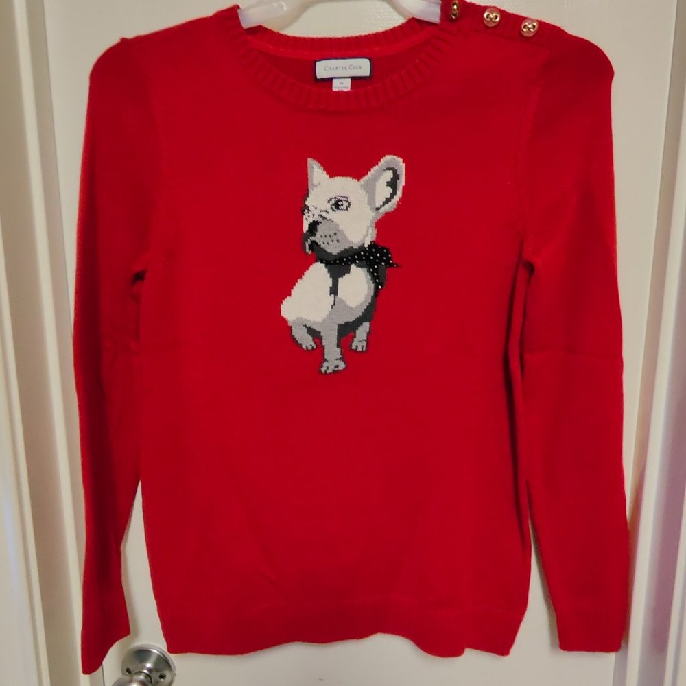 Charter Club Women's French Bulldog Sweater Red Color Long Sleeves Size M